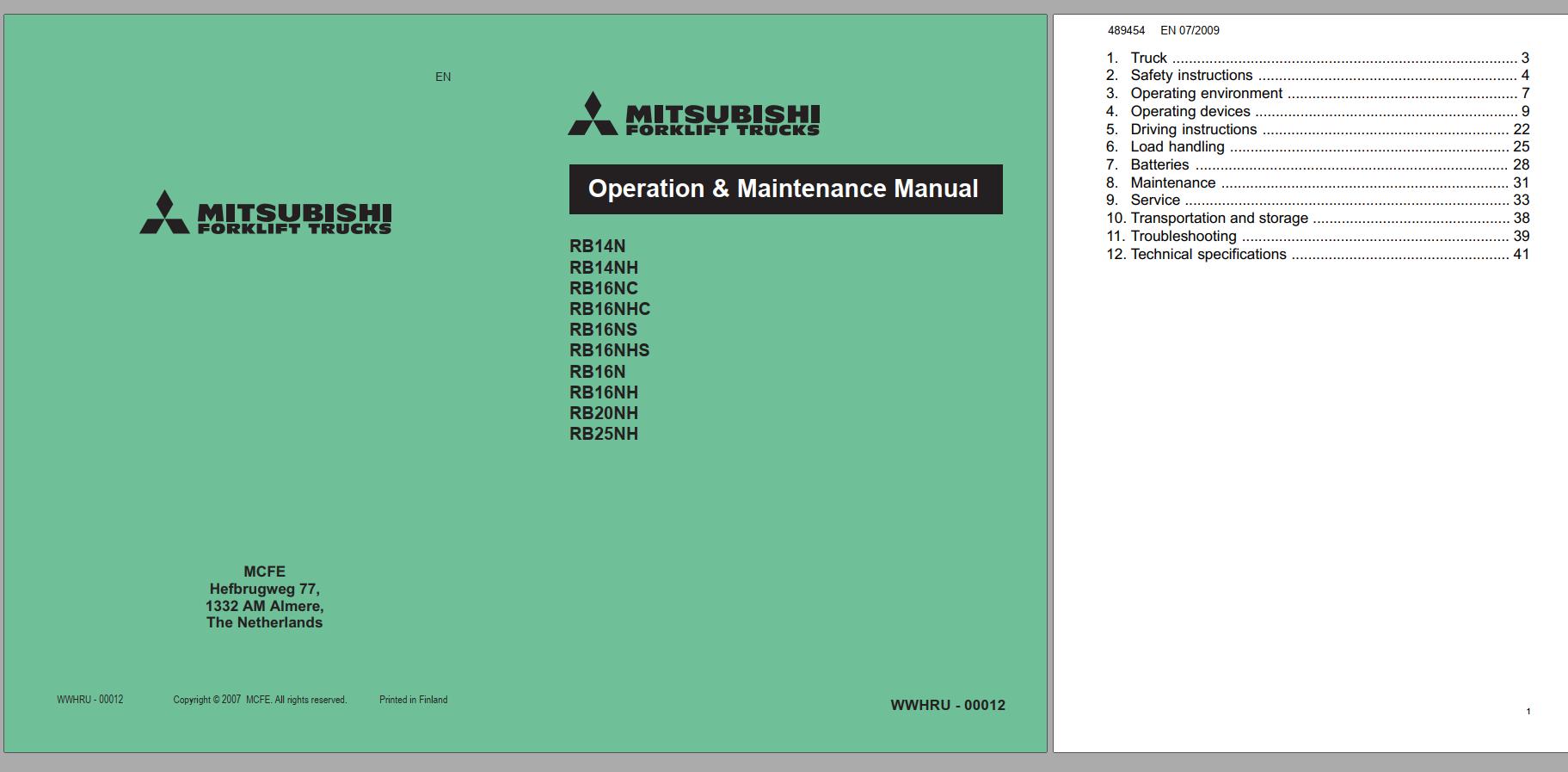 Mitsubishi Forklift RB14N RB25NH Schematic Operation Maintenance Service Manual EN FR DE 1