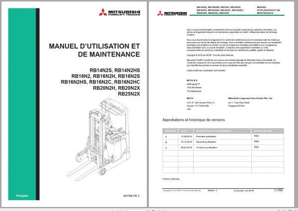 Mitsubishi Forklift RB14N2HS RB20N2H Schematic Operation Maintenance Service Manual EN FR ES DE 2