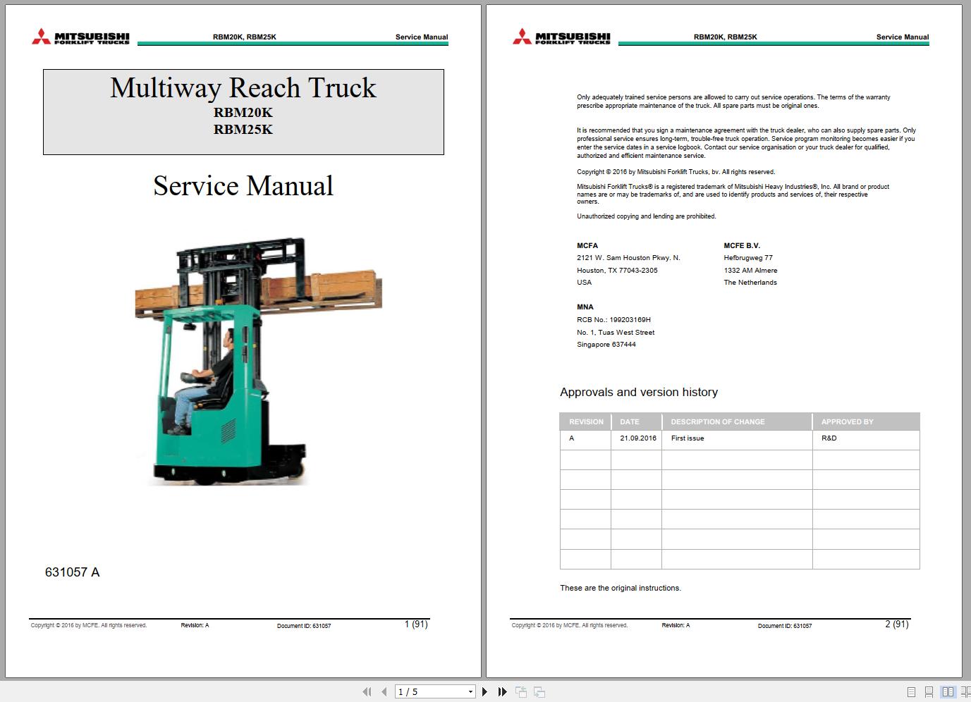 Mitsubishi Forklift RBM20K RBM25K Schematic Operation Maintenance Service Manual EN FR ES DE 1