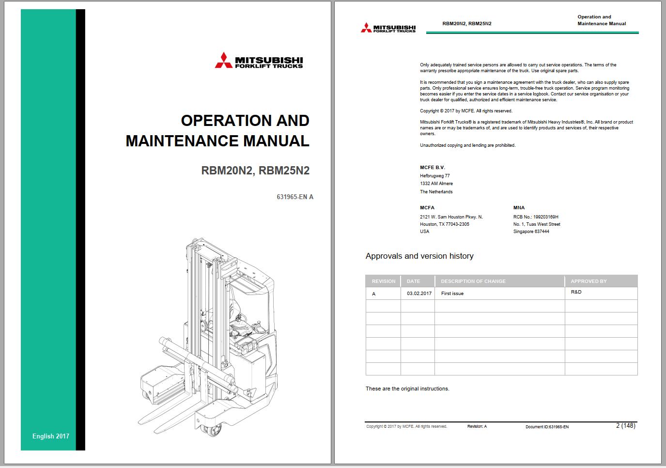 Mitsubishi Forklift RBM20N2 RBM25N2 Schematic Operation Maintenance Service Manual EN FR ES DE 1