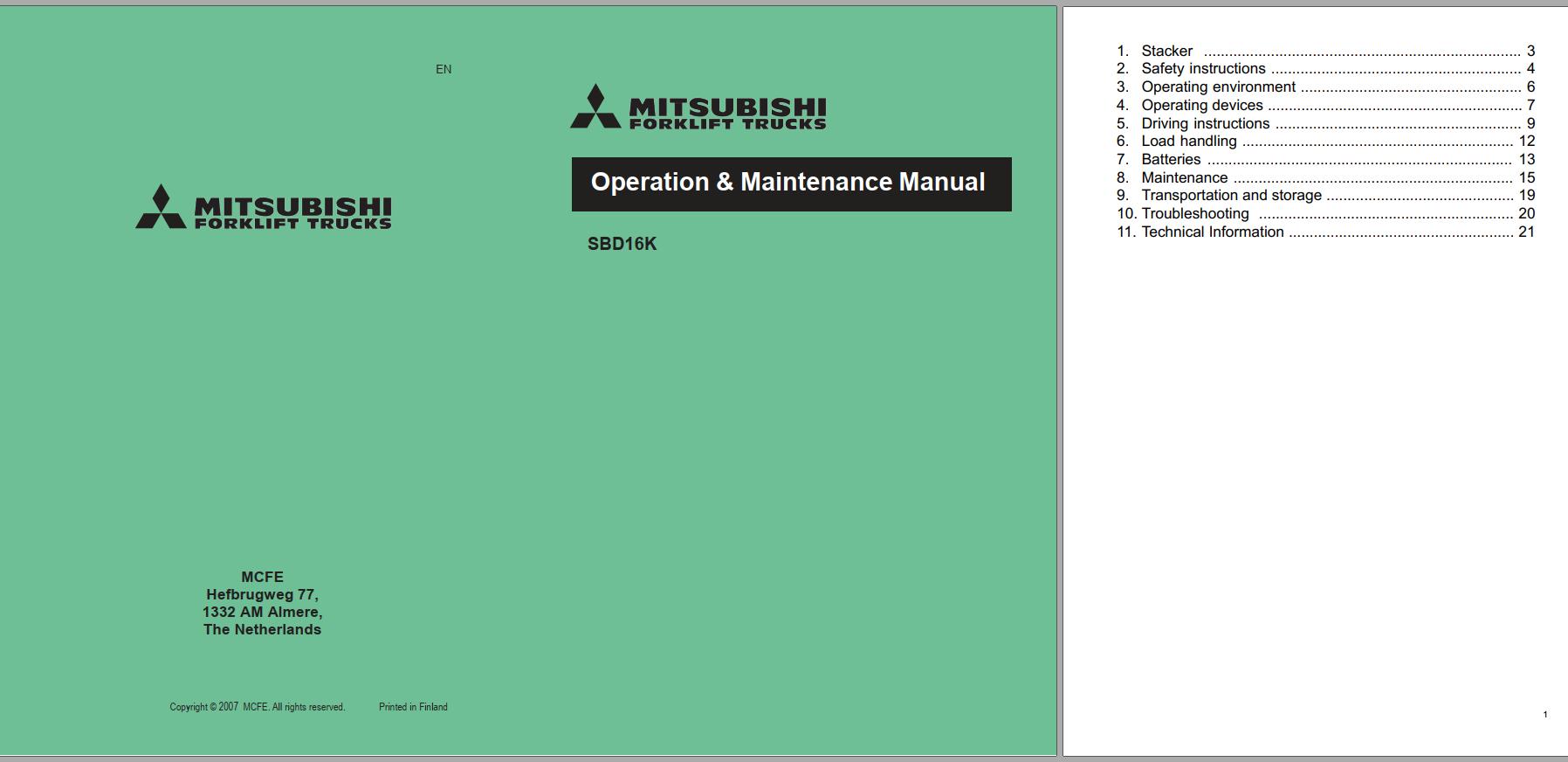 Mitsubishi Forklift SBD16K Schematic Operation Maintenance Service Manual EN FR ES DE 1