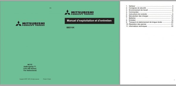 Mitsubishi Forklift SBD16K Schematic Operation Maintenance Service Manual EN FR ES DE 2
