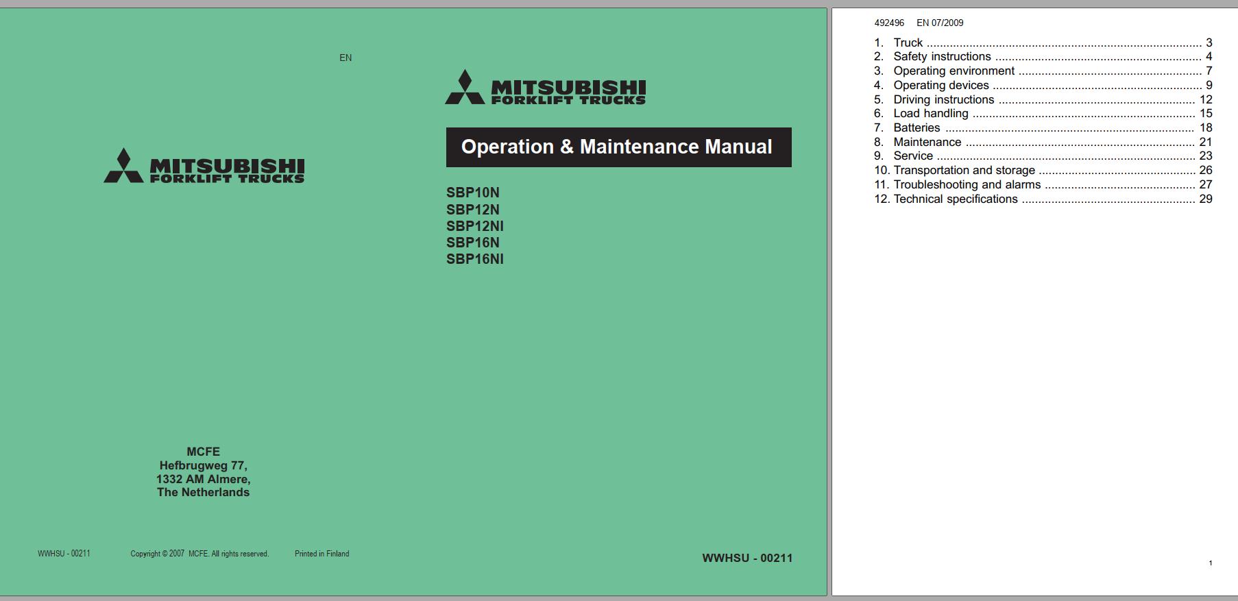 Mitsubishi Forklift SBP10N SBP16NS Schematic Operation Maintenance Service Manual EN FR DE 1