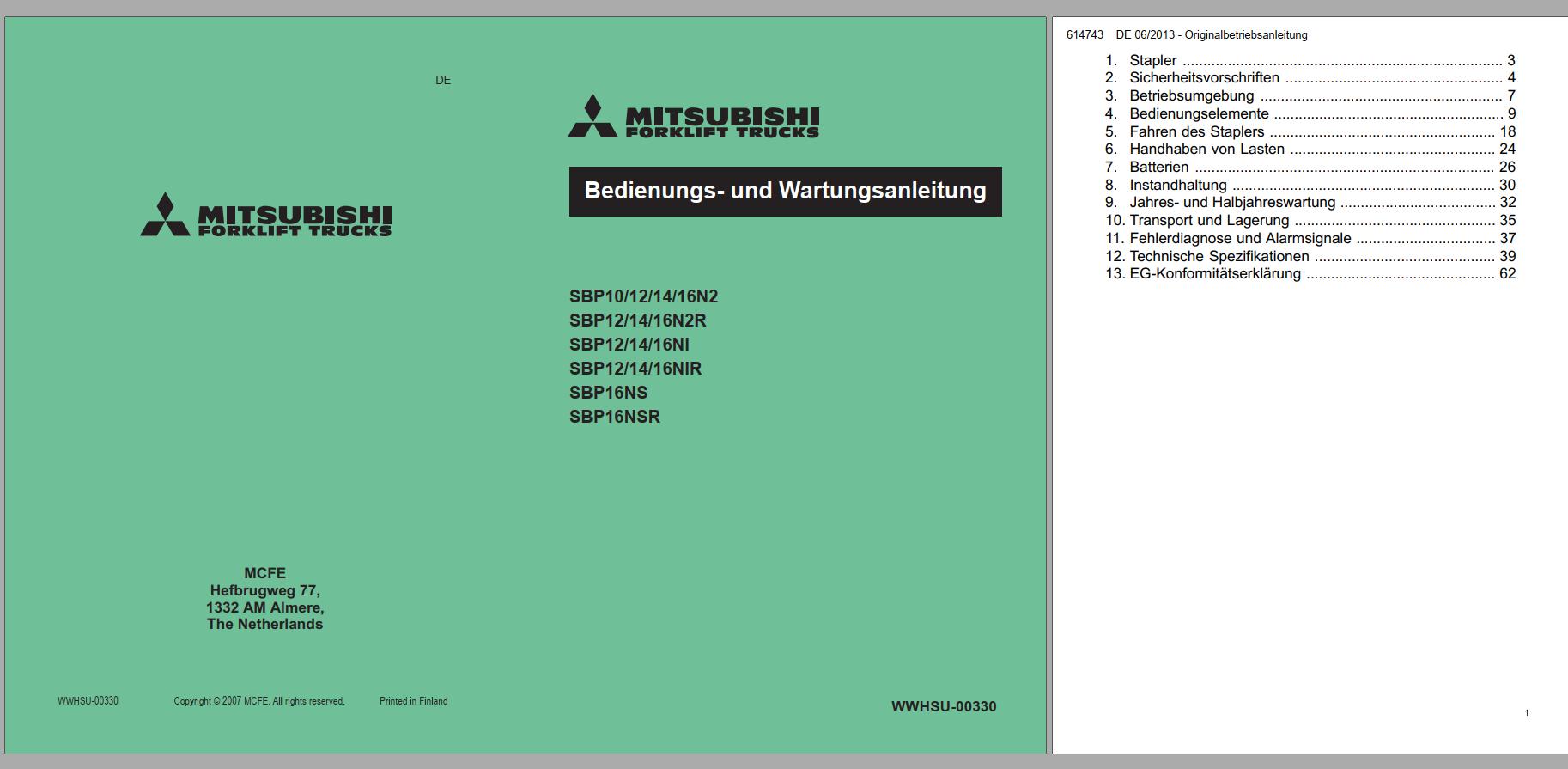 Mitsubishi Forklift SBP10N2 Schematic Operation Maintenance Service Manual EN 1