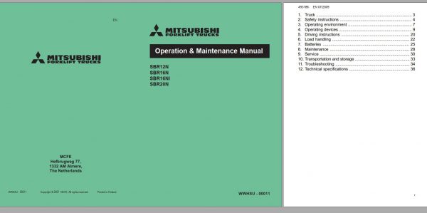 Mitsubishi Forklift SBR12N SBR16N SBR16NI Schematic Operation Maintenance Service Manual EN FR DE 1