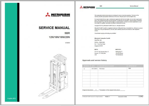 Mitsubishi Forklift SBR12N SBR16N SBR16NI Schematic Operation Maintenance Service Manual EN FR DE 2