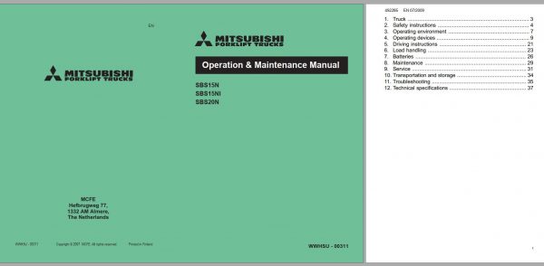 Mitsubishi Forklift SBS15N SBS15NI SBS20N Schematic Operation Maintenance Service Manual EN FR DE 1