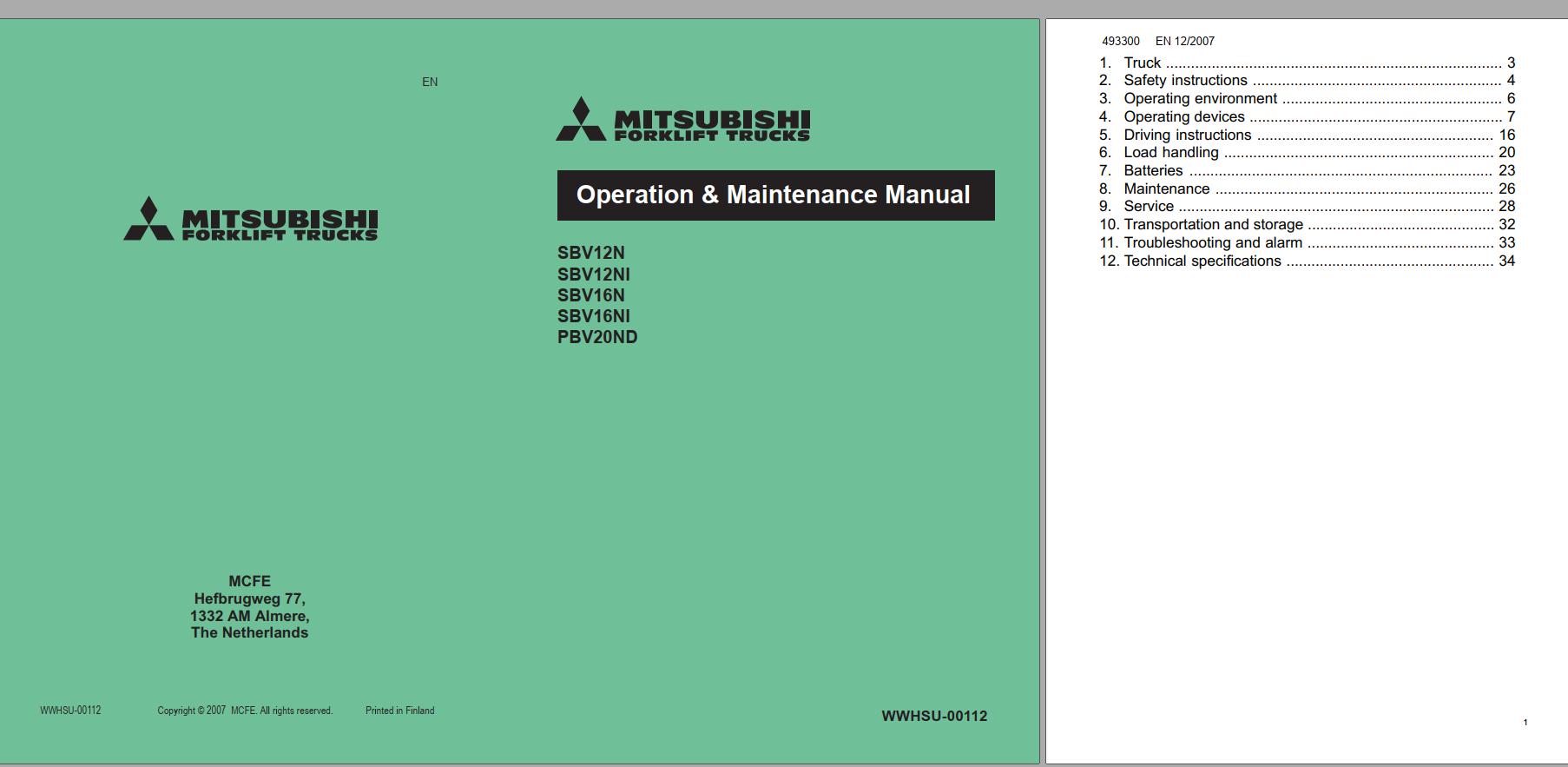Mitsubishi Forklift SBV12N SBV12NI SBV12NS Operation Maintenance Service Manual EN DE FR 1
