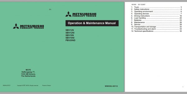 Mitsubishi Forklift SBV16N SBV16NI SBV16NS Schematic Operation Maintenance Service Manual EN FR DE 1