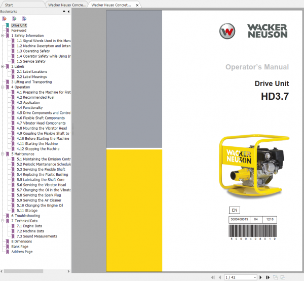 Wacker Neuso Concrete HD3.7 Operators Manual Spare Parts Catalog 1
