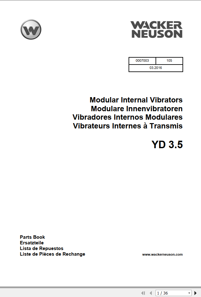 Wacker Neuso Concrete Modular Internal Vibrators YD3.5 Spare Parts Catalog 03 2016 0007003 1