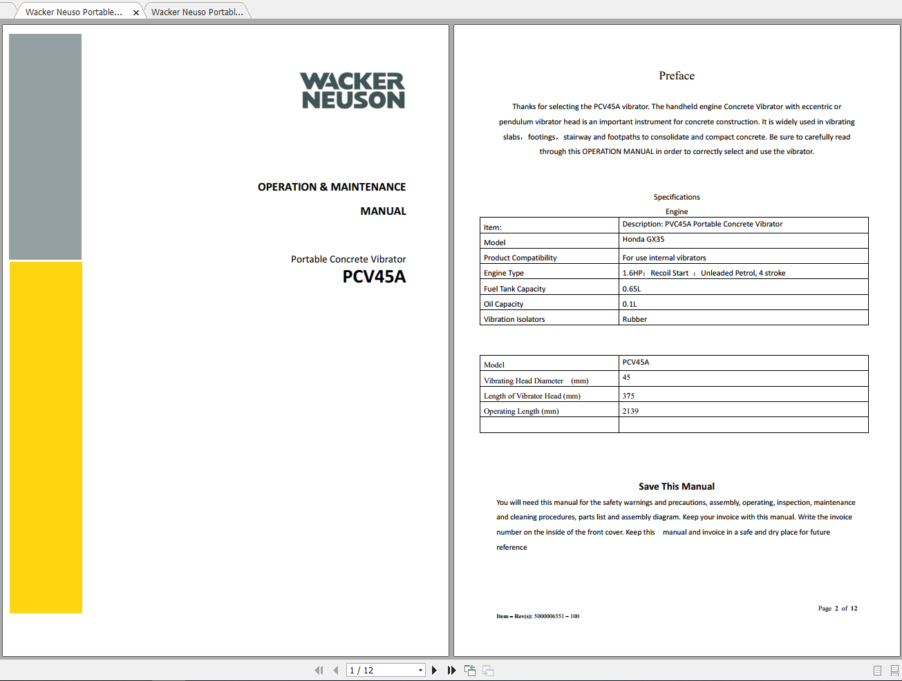 Wacker Neuso Portable Vibrators PCV45A Operation Maintenance Manual 1