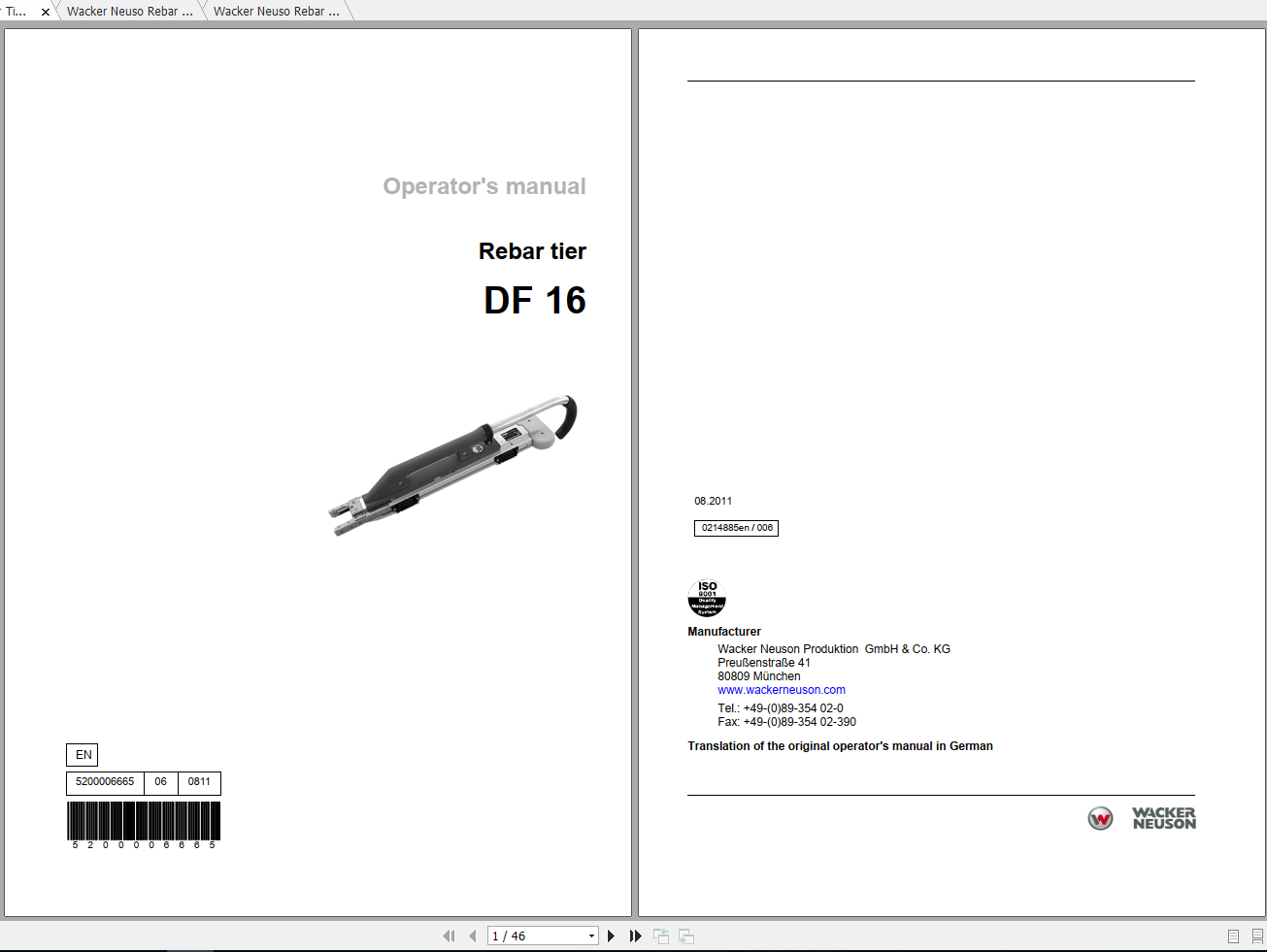 Wacker Neuso Rebar Tier DF16 Operator Repair Manual Spare Parts Catalog 2