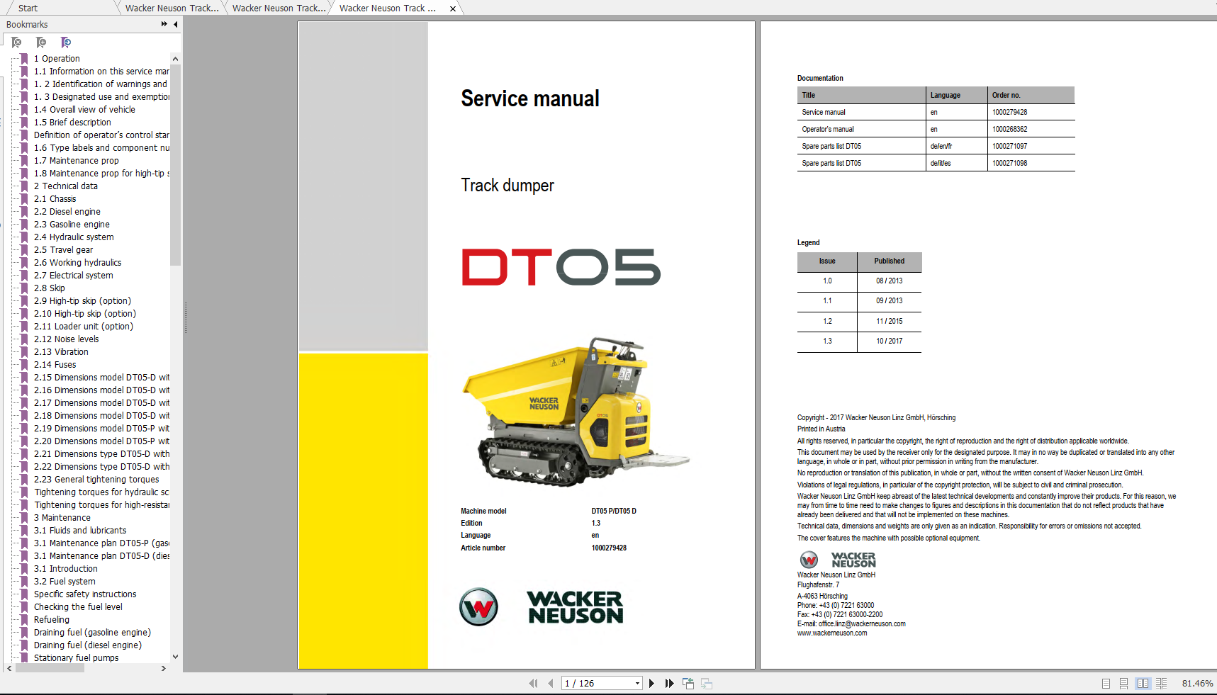 Wacker Neuso Track Dumper DT05 Operator Service Manual Spare Parts Catalog 1
