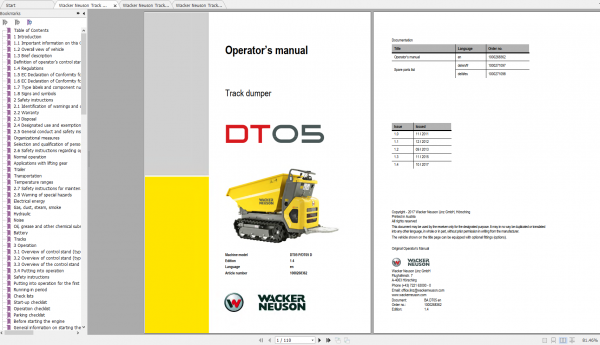 Wacker Neuso Track Dumper DT05 Operator Service Manual Spare Parts Catalog 3