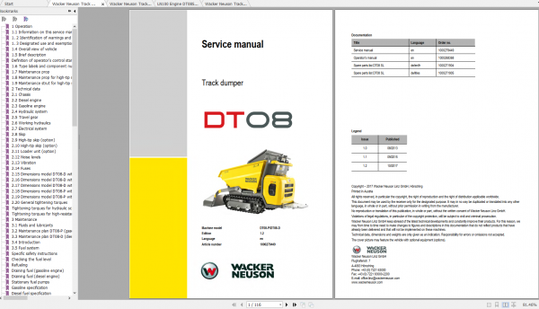 Wacker Neuso Track Dumper DT08 Operator Service Manual Spare Parts Catalog 1