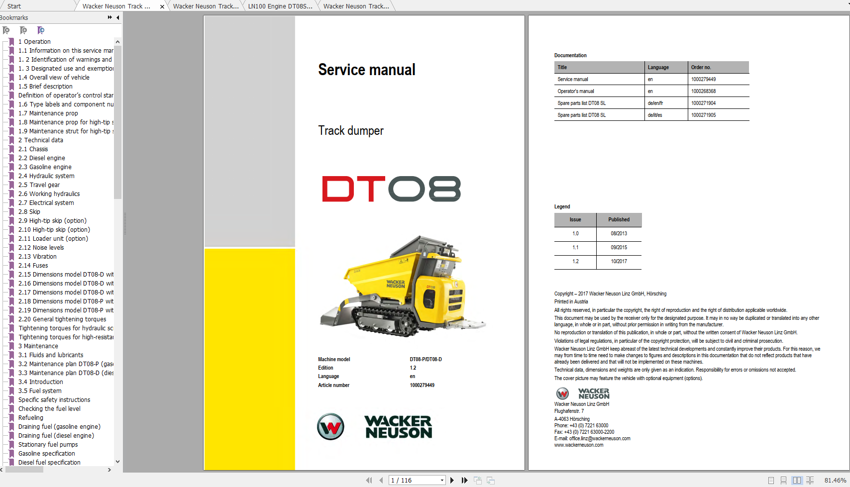Wacker Neuso Track Dumper DT08 Operator Service Manual Spare Parts Catalog 1