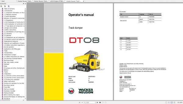 Wacker Neuso Track Dumper DT08 Operator Service Manual Spare Parts Catalog 2