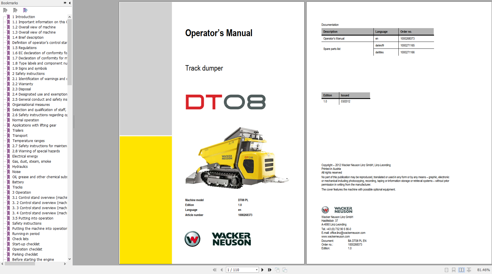 Wacker Neuso Track Dumper DT08PL Operator Service Manual Spare Parts Catalog 1