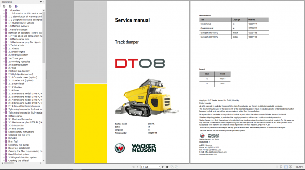 Wacker Neuso Track Dumper DT08PL Operator Service Manual Spare Parts Catalog 2