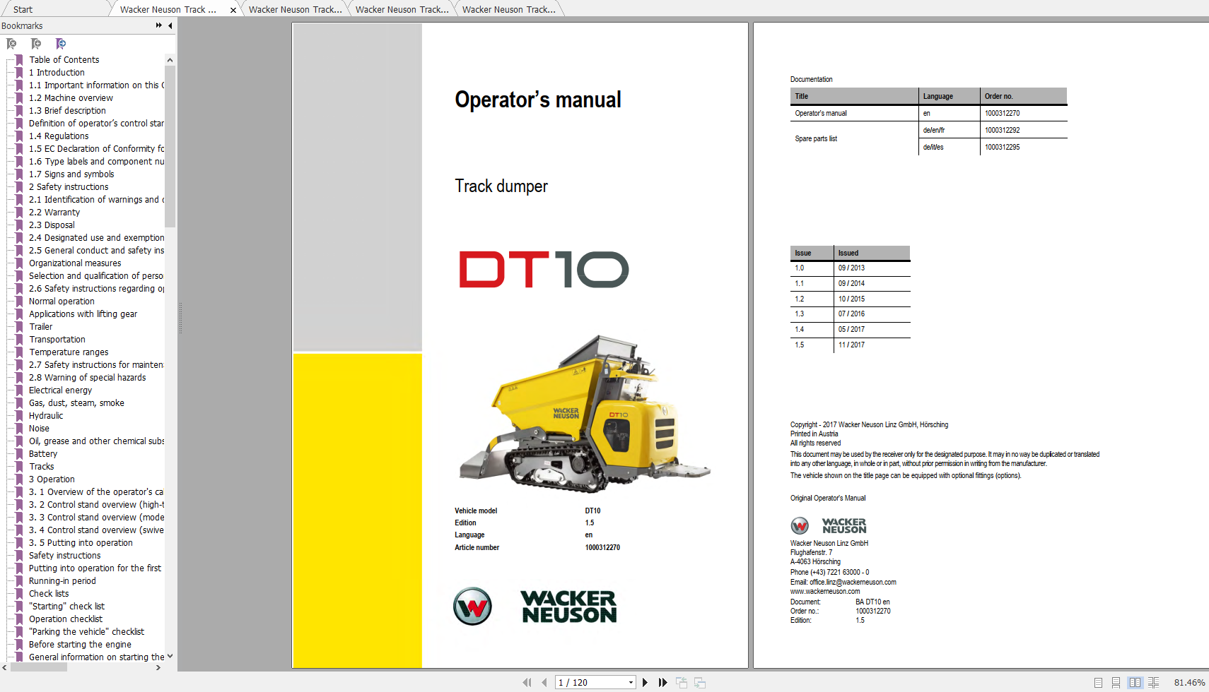 Wacker Neuso Track Dumper DT10 Operator Service Manual Spare Parts Catalog 1