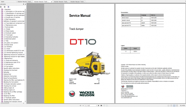 Wacker Neuso Track Dumper DT10 Operator Service Manual Spare Parts Catalog 2