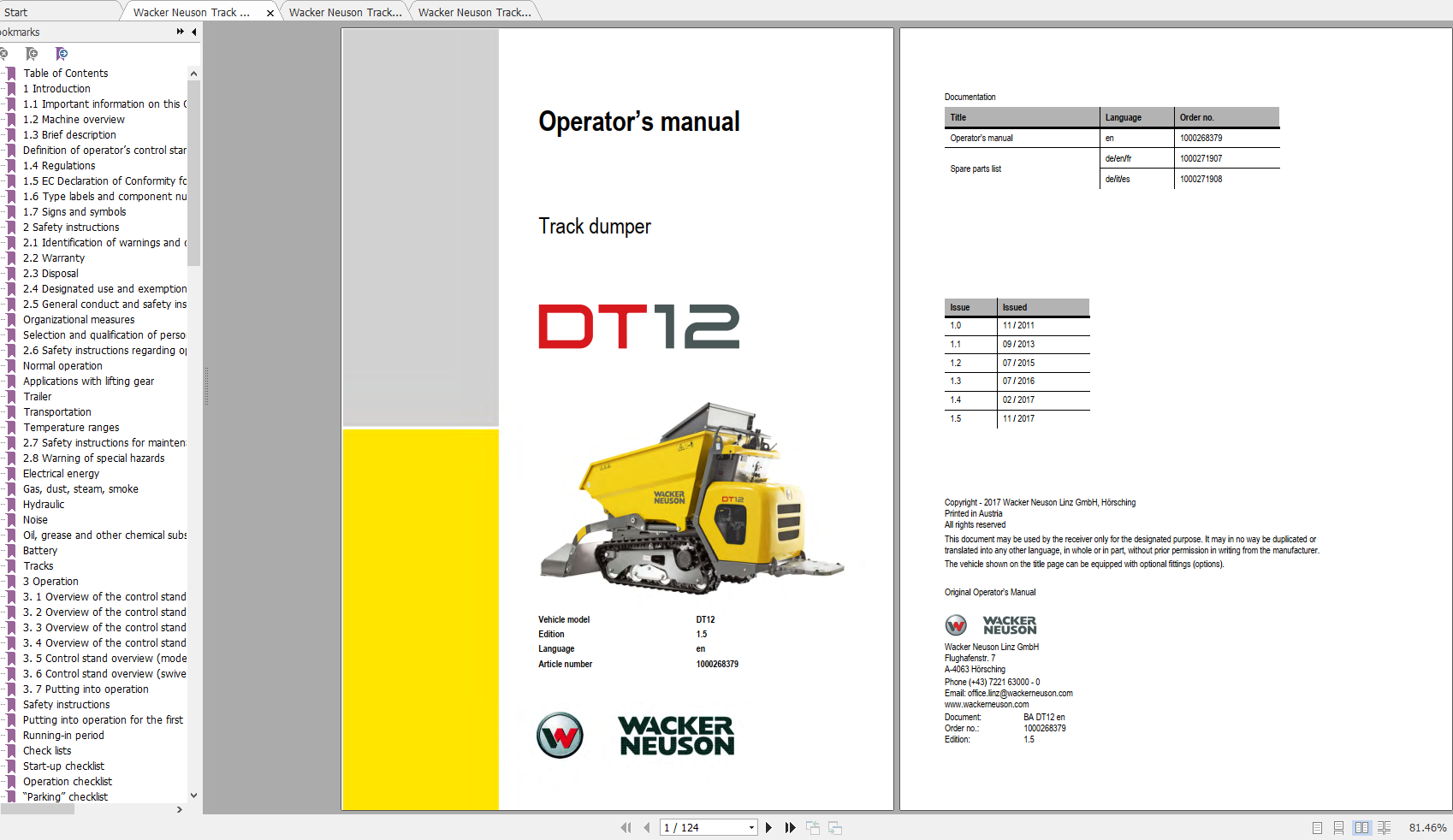 Wacker Neuso Track Dumper DT12 Operator Service Manual Spare Parts Catalog 1