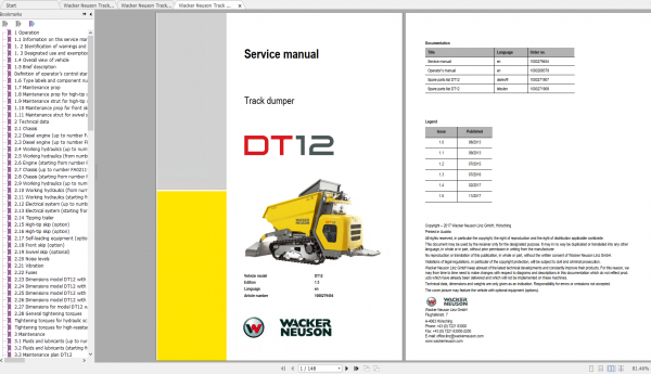 Wacker Neuso Track Dumper DT12 Operator Service Manual Spare Parts Catalog 2