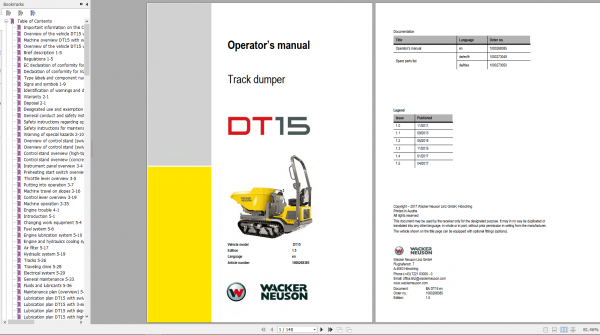 Wacker Neuso Track Dumper DT15 Operator Service Manual Spare Parts Catalog 1