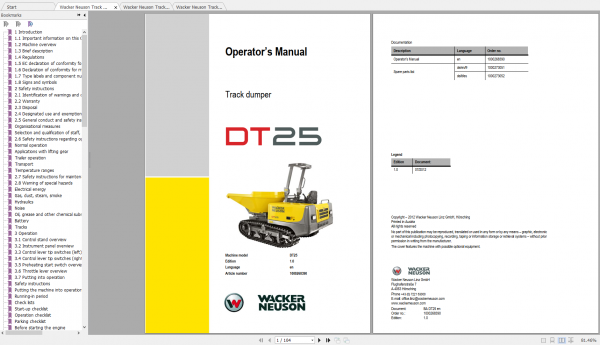 Wacker Neuso Track Dumper DT25 Operator Service Manual Spare Parts Catalog 1