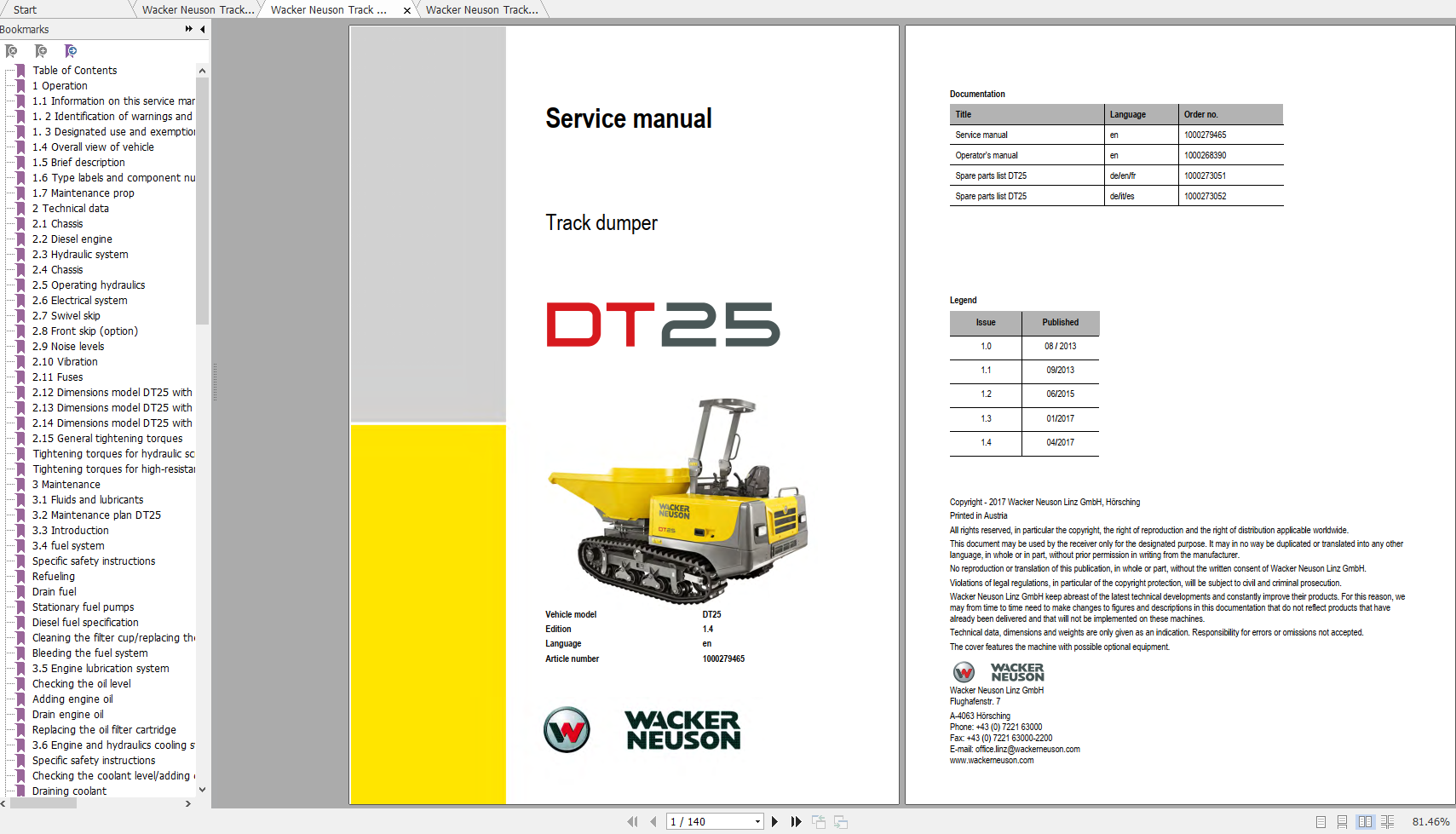 Wacker Neuso Track Dumper DT25 Operator Service Manual Spare Parts Catalog 2