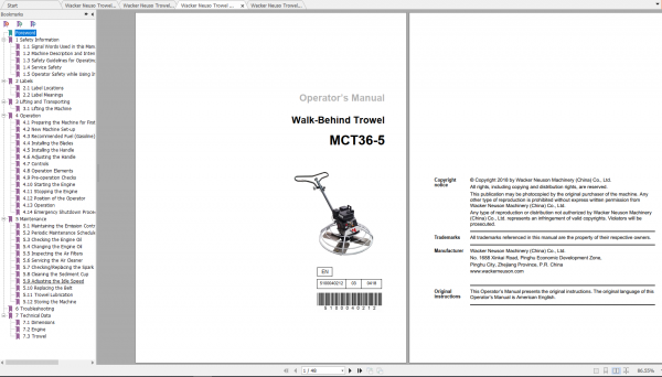 Wacker Neuso Trowel MCT36 5 Operator Repair Manual Spare Parts Catalog 1