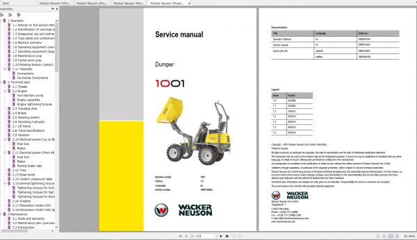 Wacker Neuso Wheel Dumper 1001 Operator Service Manual Spare Parts Catalog 1
