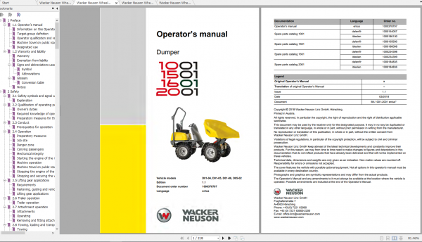Wacker Neuso Wheel Dumper 1001 Operator Service Manual Spare Parts Catalog 2