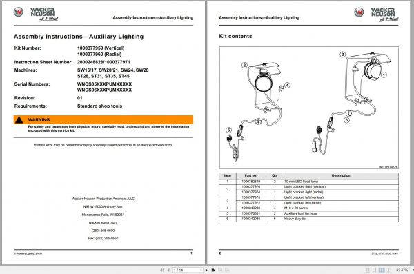 Wacker Neuson Assembly Instructions Dealer Installed Accessory Kit 3