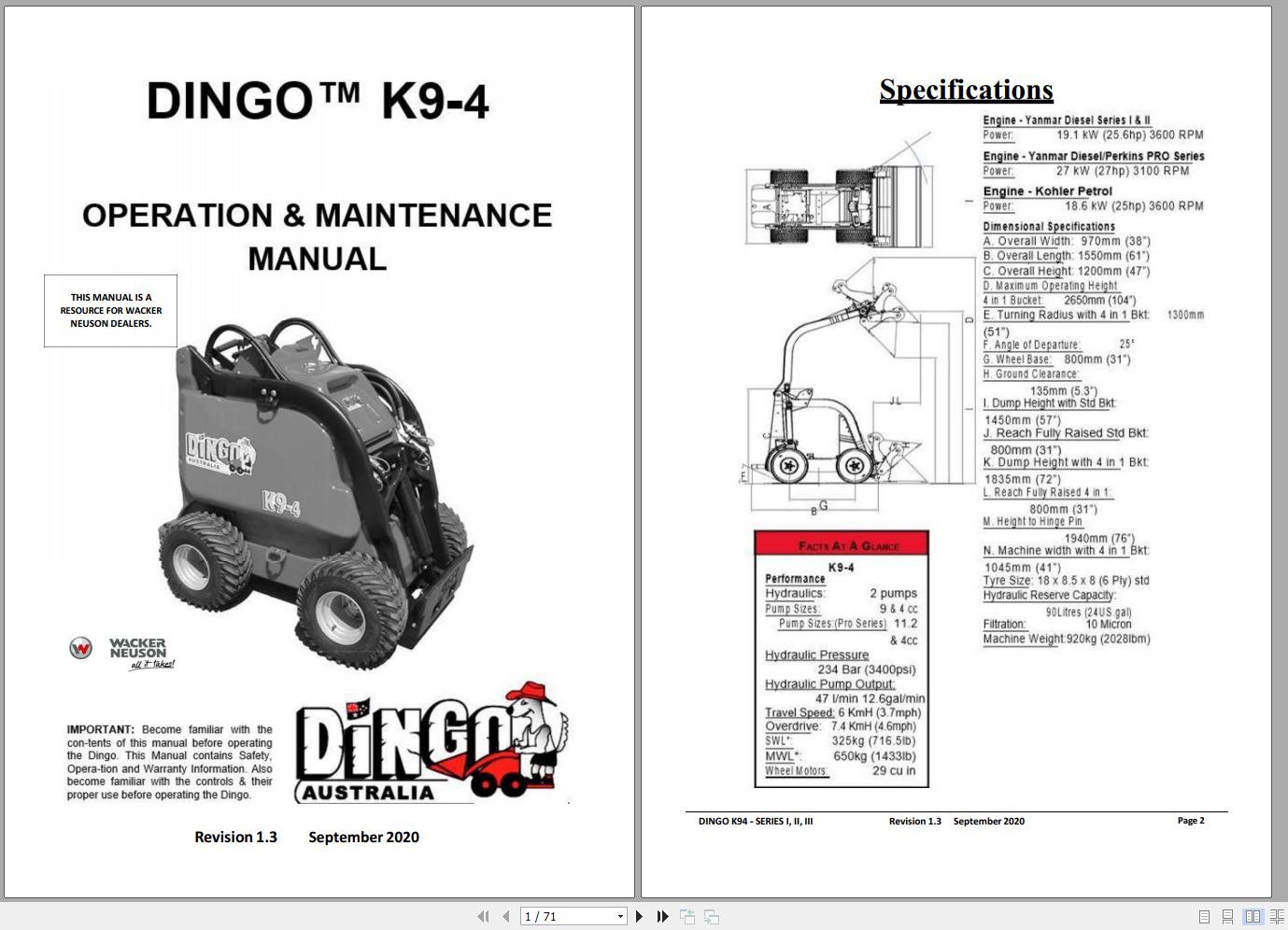 Wacker Neuson Dingo Mini Loader K94 Hydraulic Diaram Operation Maintenance Manual 2020 1