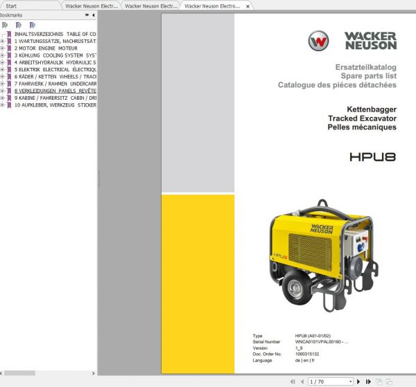 Wacker Neuson Electro Hydraulic Power Unit HPU8 Operator Service Manual Spare Parts Catalog 1