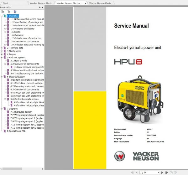Wacker Neuson Electro Hydraulic Power Unit HPU8 Operator Service Manual Spare Parts Catalog 2