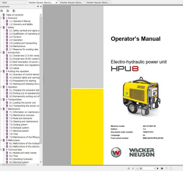 Wacker Neuson Electro Hydraulic Power Unit HPU8 Operator Service Manual Spare Parts Catalog 3