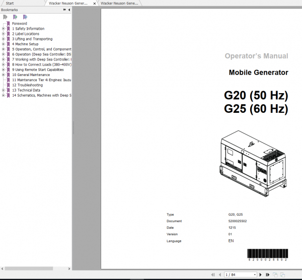 Wacker Neuson Generators G20 Operator Manual Spare Parts Catalog 1