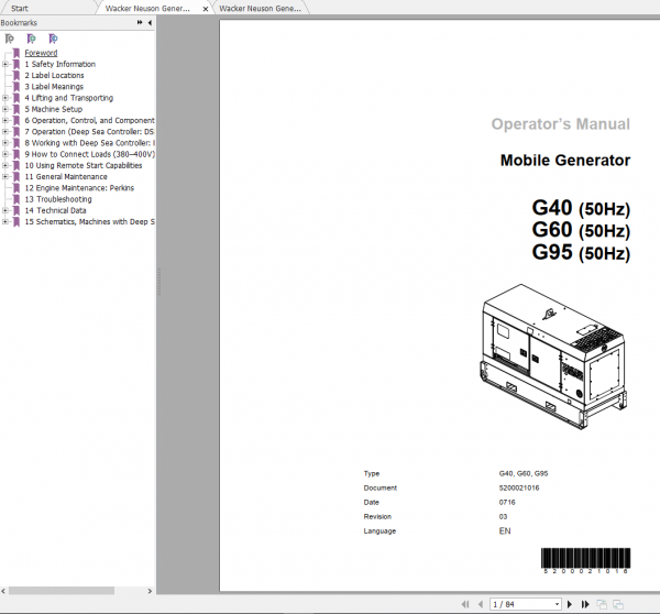 Wacker Neuson Generators G60 Operator Manual Spare Parts Catalog 1