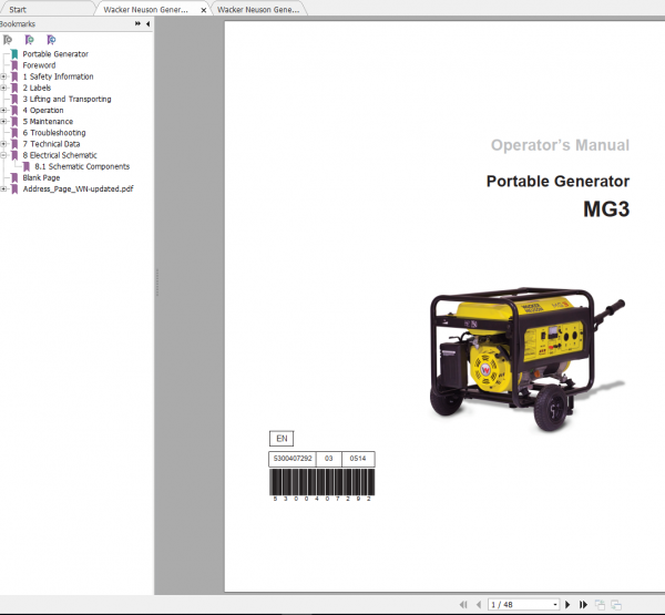 Wacker Neuson Generators MG3 Operators Manual Spare Parts Catalog 1