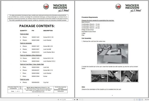 Wacker Neuson Light Tower ML425 ML440 ML240 Parts Assembly Instruction Operators Manual 2016 2