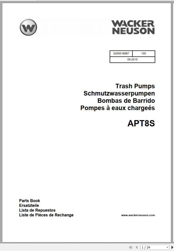 Wacker Neuson Pumps APT8 APT8S Base Diagram Maintenance Operators Parts Manual EN DE ES FR 2