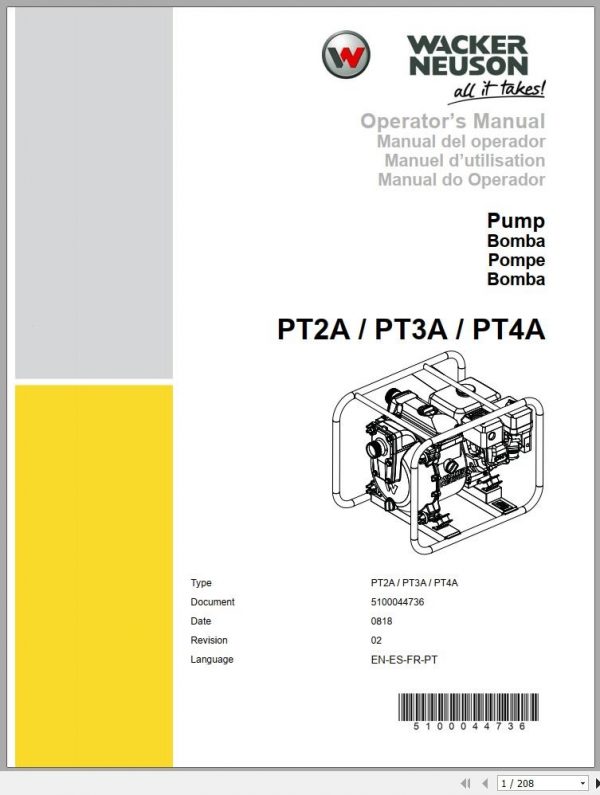 Wacker Neuson Pumps PT2A Parts Operators Service Manual EN FR ES PT DE 2