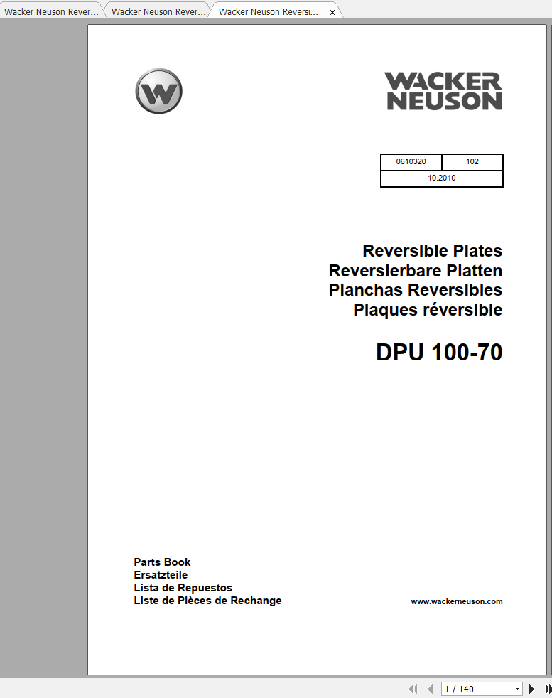 Wacker Neuson Reversible Vibratory Plates BPU100 70 Spare Parts Catalog 0610320 1