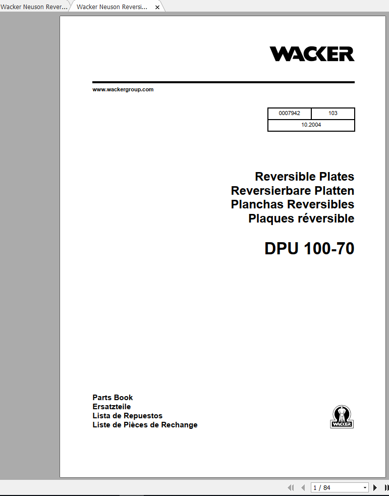 Wacker Neuson Reversible Vibratory Plates BPU100 70 Spare Parts Catalog 10 2004 0007942 1