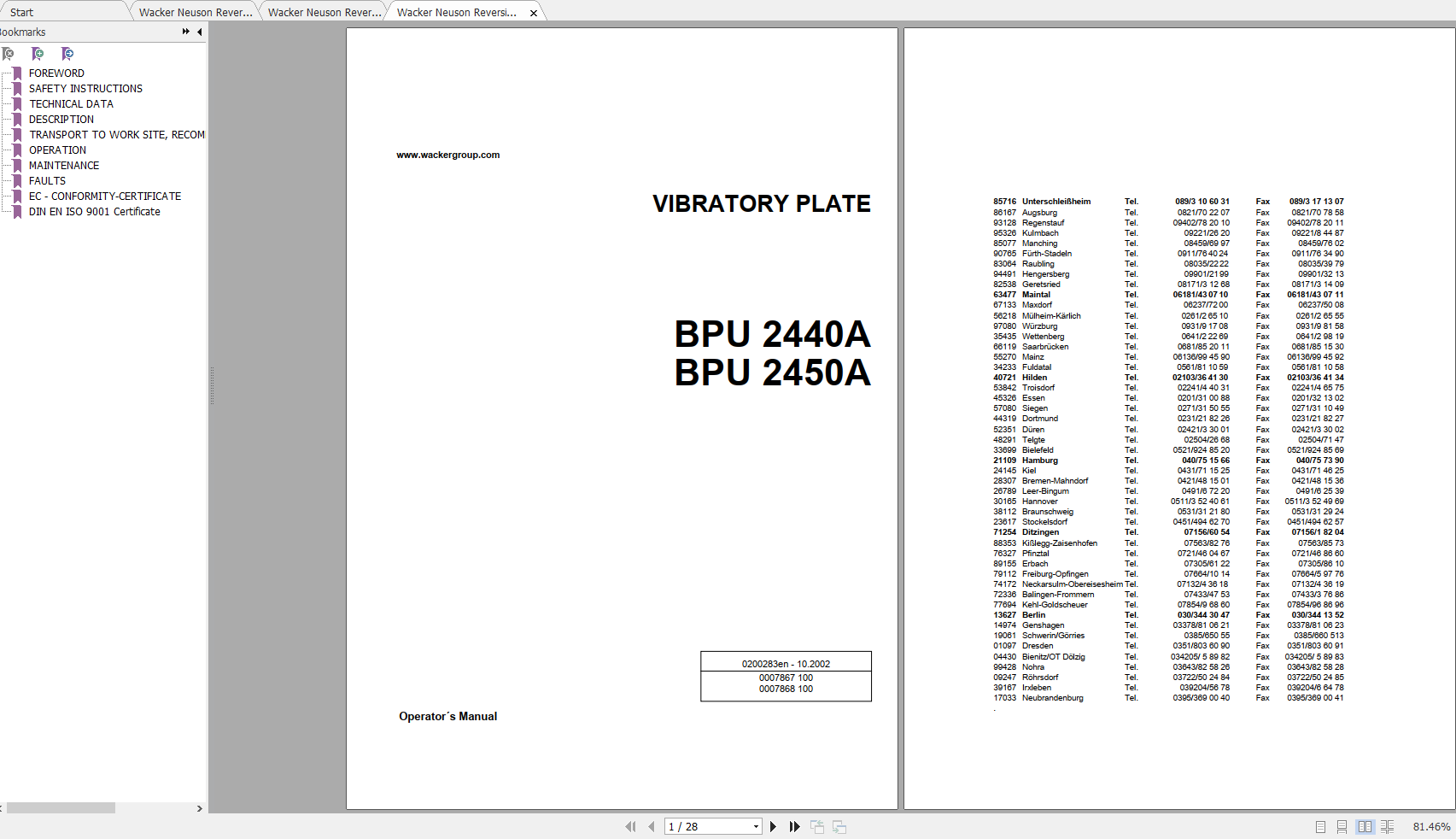 Wacker Neuson Reversible Vibratory Plates BPU2440A Operators Manual 0007867 1