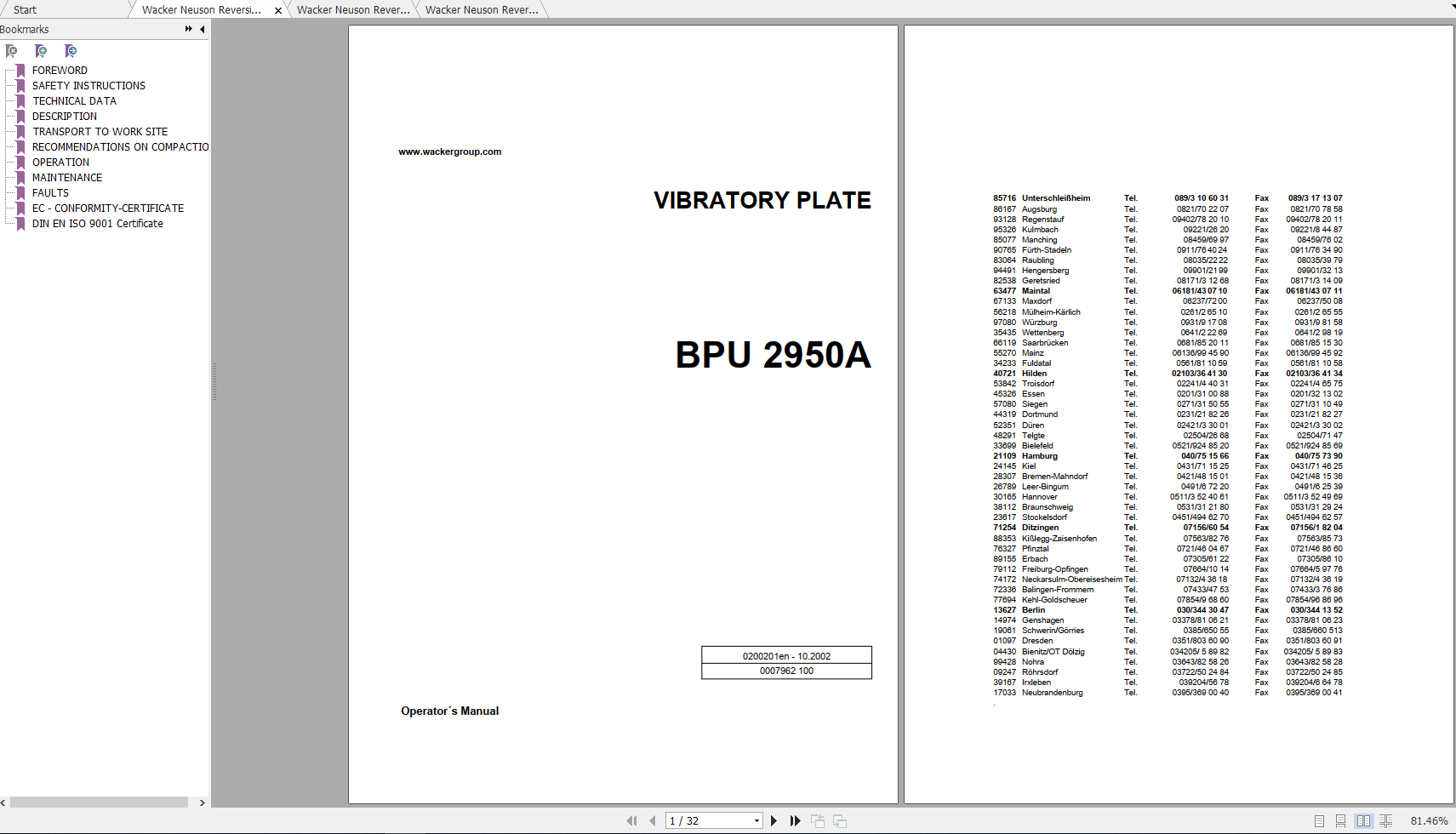 Wacker Neuson Reversible Vibratory Plates BPU2950A Operator Repair Parts Manual 1