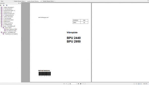 Wacker Neuson Reversible Vibratory Plates BPU2950A Operator Repair Parts Manual 2